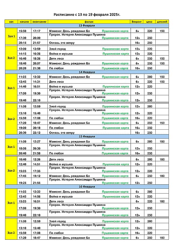 Кинотеатр "Проспект" Канаш - расписание показов с 13 по 19 февраля 2025 года.