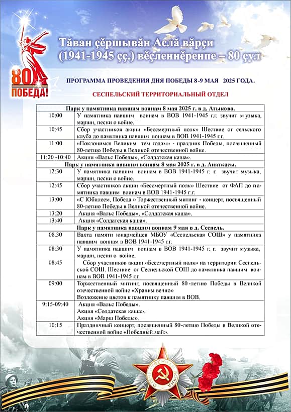 Программа празднования Дня Победы по территориальным отделам Канашского МО.